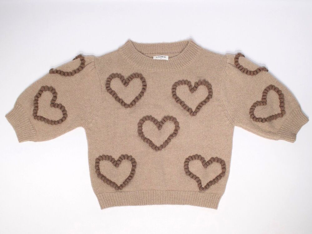 Storia Anthropologie Beige Wool Blend Short Sleeve Sweater Hearts Women Size M - Picture 2 of 10